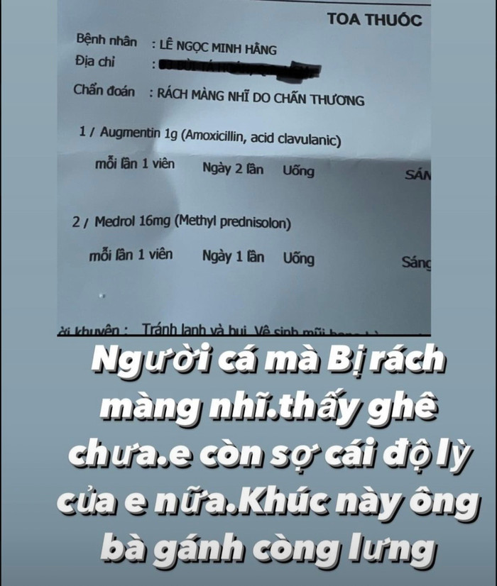 Theo như nữ ca sĩ cho biết cô bị rách màng nhỉ phải đến bệnh viện kiểm tra và đang điều trị theo sự hướng dẫn của bác sĩ. 