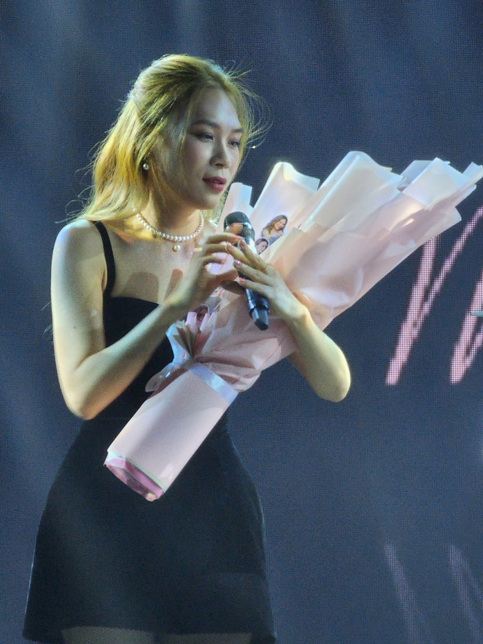 Mỹ Tâm trên sân khấu buổi tiệc thân mật tối 13/1.