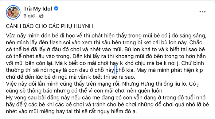 Bài đăng cảnh báo của Trà My Idol.