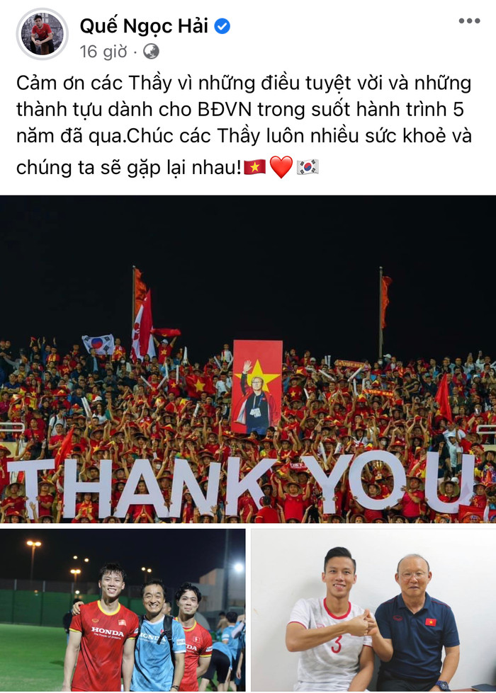 Quế Ngọc Hải tri ân HLV Park và các trợ lý người Hàn Quốc.