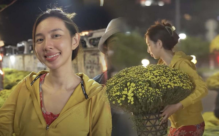 'Xả vai' bán khô mực, Hoa hậu Thùy Tiên hóa thân thành tiểu thương bán hoa trong ngày cận Tết Ảnh 2