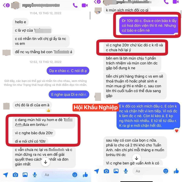 Tin nhắn vợ mới cưới nhắn tin với cô gái thể hiện quan điểm của phía họ trong việc nhận con cái và chu cấp. 