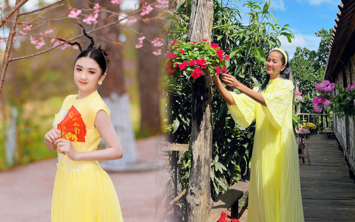 Model kid Diễm Quỳnh đụng độ hoa hậu H'hen Niê trong tà áo dài đón Xuân vàng tươi Ảnh 2