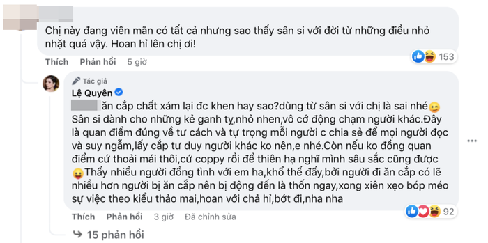 Lệ Quyên đáp trả bình luận kém duyên.