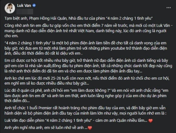 Luk Vân xót xa trước tin tức người anh thân thiết đột ngột qua đời. 