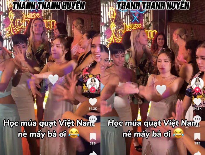 Hình ảnh người đẹp Nha Trang dạy 'múa quạt' cho dàn thí sinh Miss Charm. 