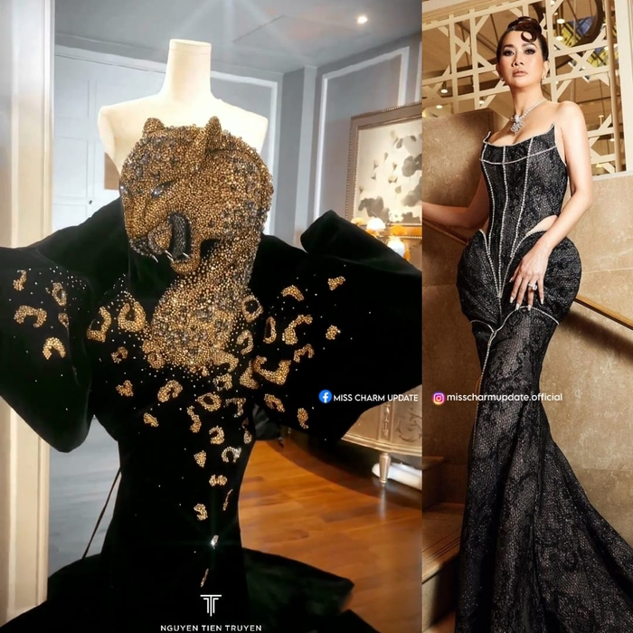 Cận cảnh chiếc váy quyền lực được đính kết hình đầu báo của thuộc về Mimi Morris. Được biết, mẫu trang phục này sẽ xuất hiện trong đêm chung kết của Miss Charm 2023. Netizen cho rằng với bộ váy này, 10 nữ hoàng sắc đẹp của cuộc thi cũng không thể vượt mặt được visual Mimi Morris. 