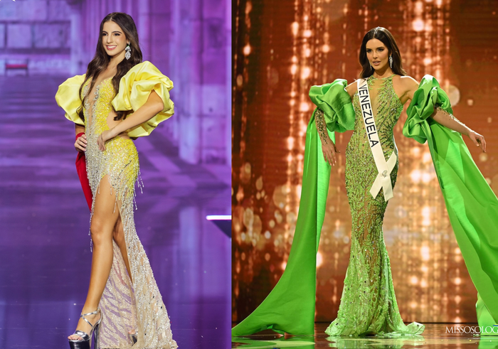 Miss Charm Colombia (trái) diện chiếc váy có thiết kế khá giống với Á hậu Hoàn vũ Amanda Dudamel (phải) (Ảnh: Vũ Trụ Hoa Hậu, Missosology)