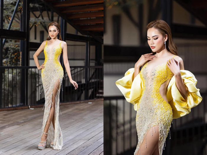 Người đẹp Lê Hoàng Phương khoác trên mình chiếc váy 'Nữ thần của nước' trong một sự kiện gần đây, phần choàng vai là một điểm nhấn nhá cho trang phục và không có tà lớn phía sau như Á hậu 1 Miss Universe 2022. 