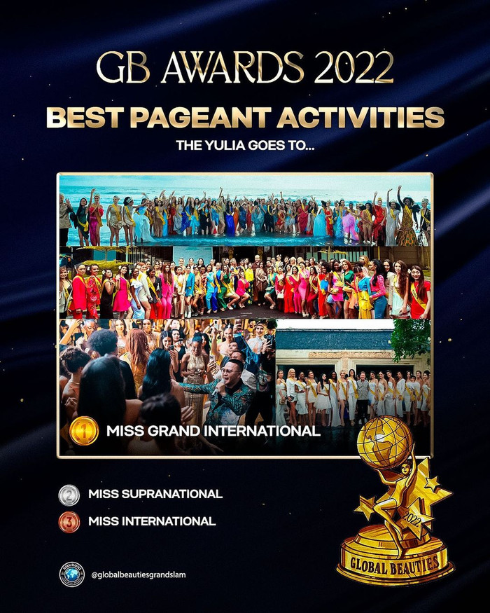'Best Pageant Activities' hay còn gọi là cuộc thi có nhiều hoạt động sôi nổi, ấn tượng nhất cũng thuộc về Miss Grand International. Thậm chí hạng mục này Miss Universe còn không được gọi tên trong Top 3.&nbsp;