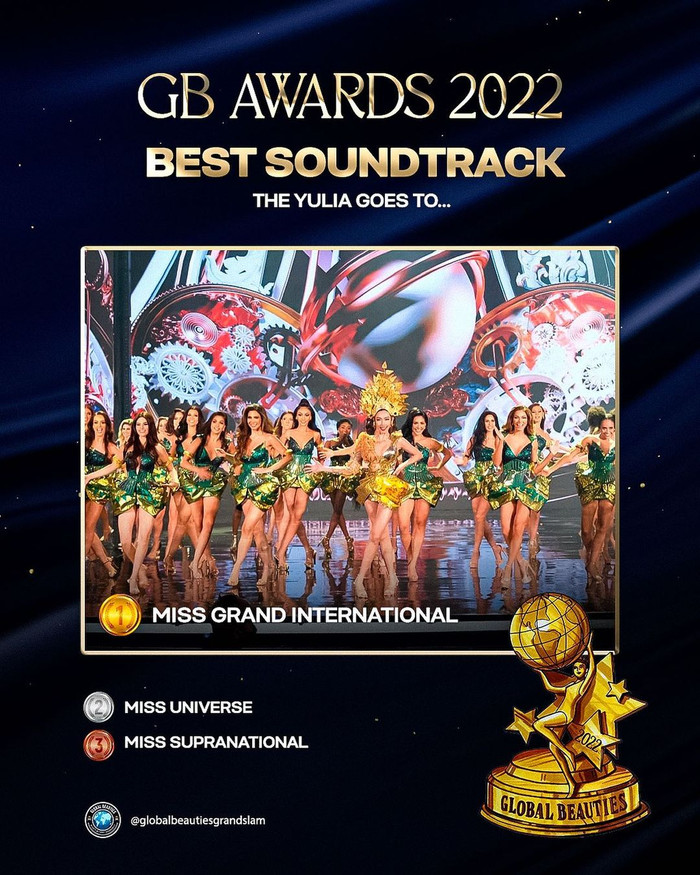 'Best Soundtrack' - hạng mục nhạc nền ấn tượng nhất cũng chính thức gọi tên Miss Grand International. Điều này là điều không thế chối cãi, từ nhạc mở màn cho đến beat nhạc trong phần Evening Gown của sân chơi sắc đẹp này rất thu hút.&nbsp;