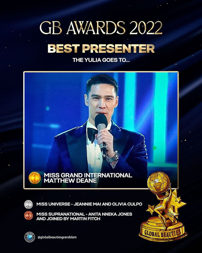 'Best Presenter' - Người dẫn chương trình hay nhất đã thuộc về Matthew Deane. Có lẽ việc Miss Universe thay Steve dẫn dắt cho mùa giải 2022 đã khiến đấu trường Hoàn vũ mất giải thưởng này.&nbsp;