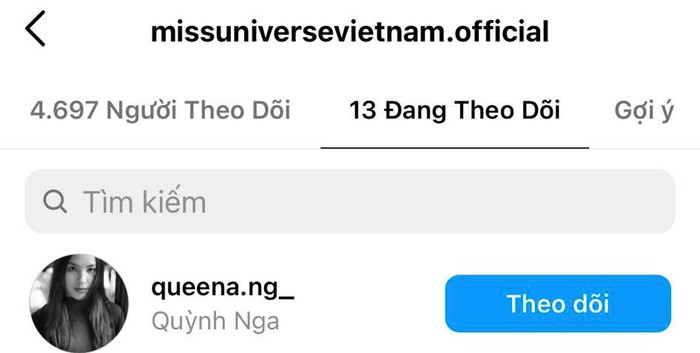 Đơn vị mới của Miss Universe Vietnam bất ngờ nhấn theo dõi MC Quỳnh Nga.