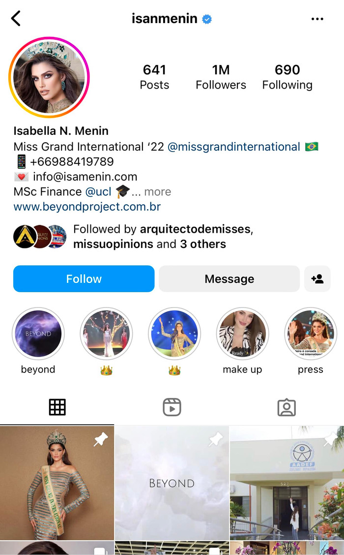 Hoa hậu Isabella Menin đã đạt 1 triệu lượt theo dõi sau 4 tháng đăng quang.