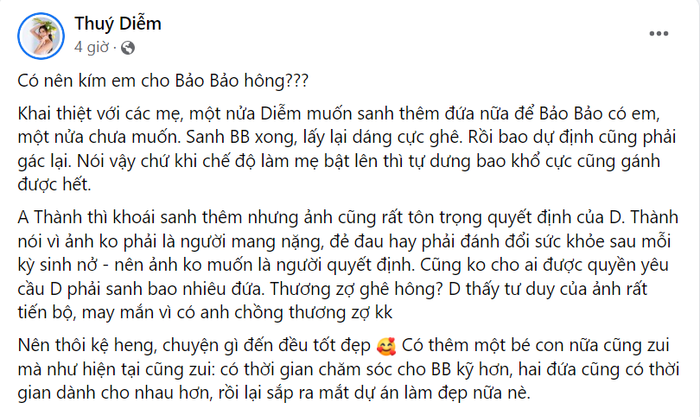 Chia sẻ của Thúy Diễm - vợ Lương Thế Thành về việc sinh nở lần 2.