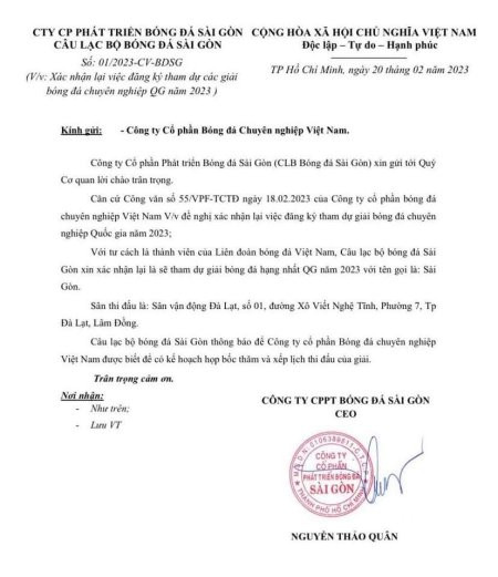 Trong văn bản gửi VPF vào hôm 20/2, Sài Gòn FC sẽ đá sân nhà là sân Đà Lạt của đội Lâm Đồng (hạng Nhì).