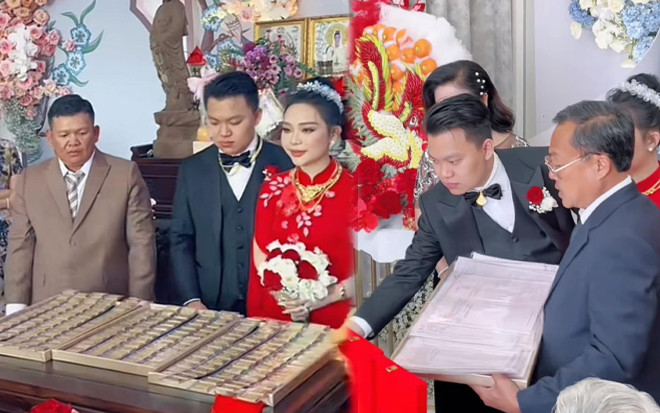 Choáng với đám cưới ngập của hồi môn của cô dâu chú rể Bình Dương: 30 sổ đỏ, 230 cây vàng lóa cả mắt Ảnh 2