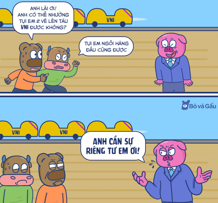 Page bò và gấu chế ảnh mua vé xe không được vì 'anh cần sự riêng tư em ơi'. Ảnh: Page Bò và Gấu