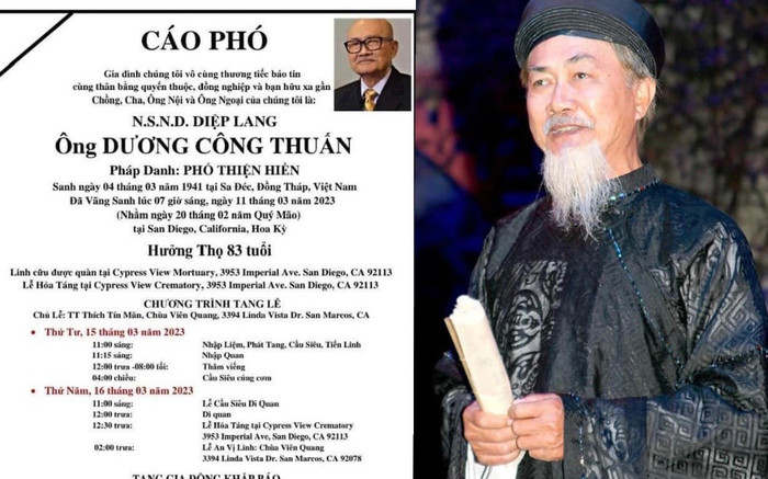 Cáo phó và chương trình tang lễ của cố NSND Diệp Lang tại Mỹ Ảnh 2