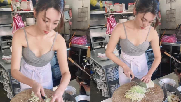 Mặc áo 2 dây gợi cảm, hot girl bán cơm rang gây náo loạn cả khu chợ Ảnh 1