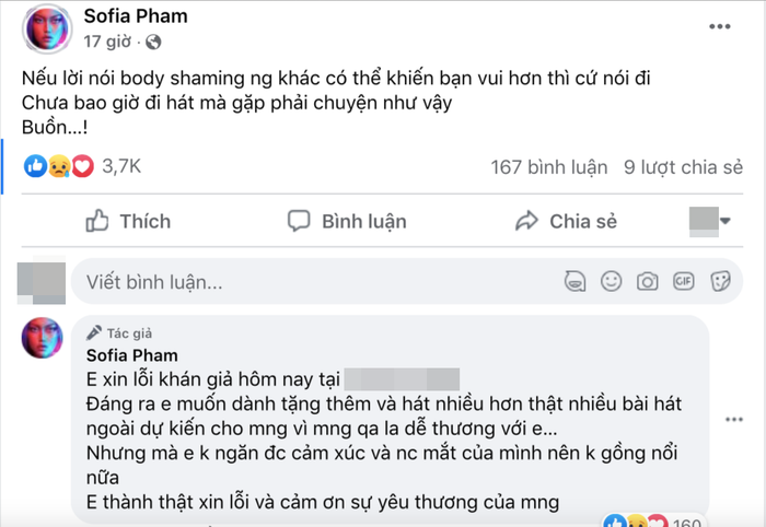 Bài đăng của ca sĩ Sofia.