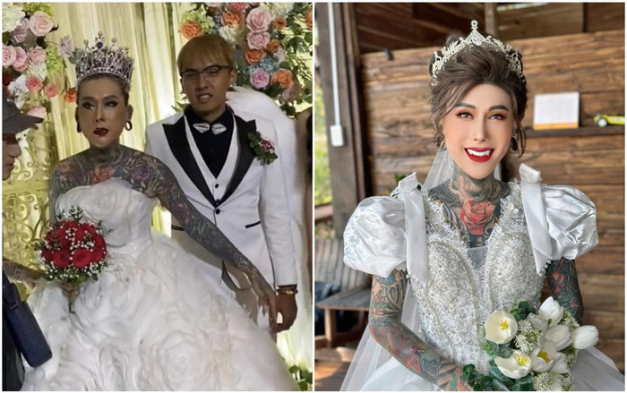 Cô dâu xăm kín người xuất hiện bên chú rể trẻ tuổi gây xôn xao, chính chủ lên tiếng kể về ngày trọng đại Ảnh 2