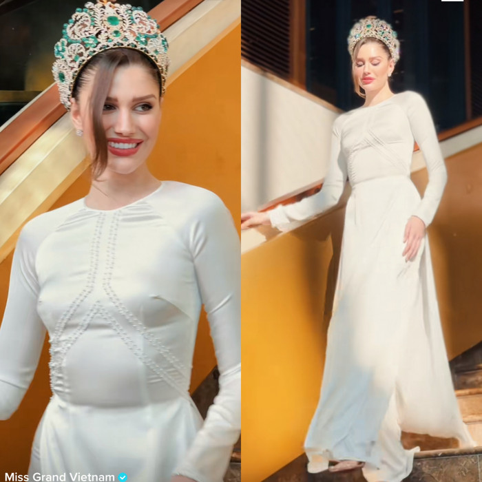 Miss Grand International 2022 sở hữu vòng eo 59 cm, nhưng cũng không thể cân được mẫu thiết kế 'chật chội'. 