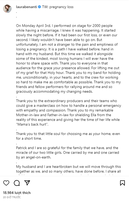 Chia sẻ của Laura Benanti về việc cô bị sảy thai.