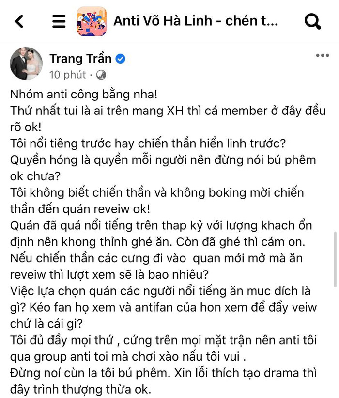 Trang Khàn lên tiếng trong group anti khi bị nói là kẻ 'hám fame'