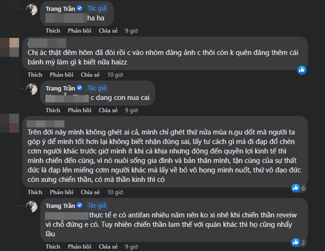 Trang Trần thoải mái phản hồi bình luận của mọi các thành viên trong group anti Hà Linh