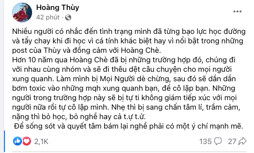 Hoàng Thuỳ lên tiếng về vấn đề bạo lực học đường