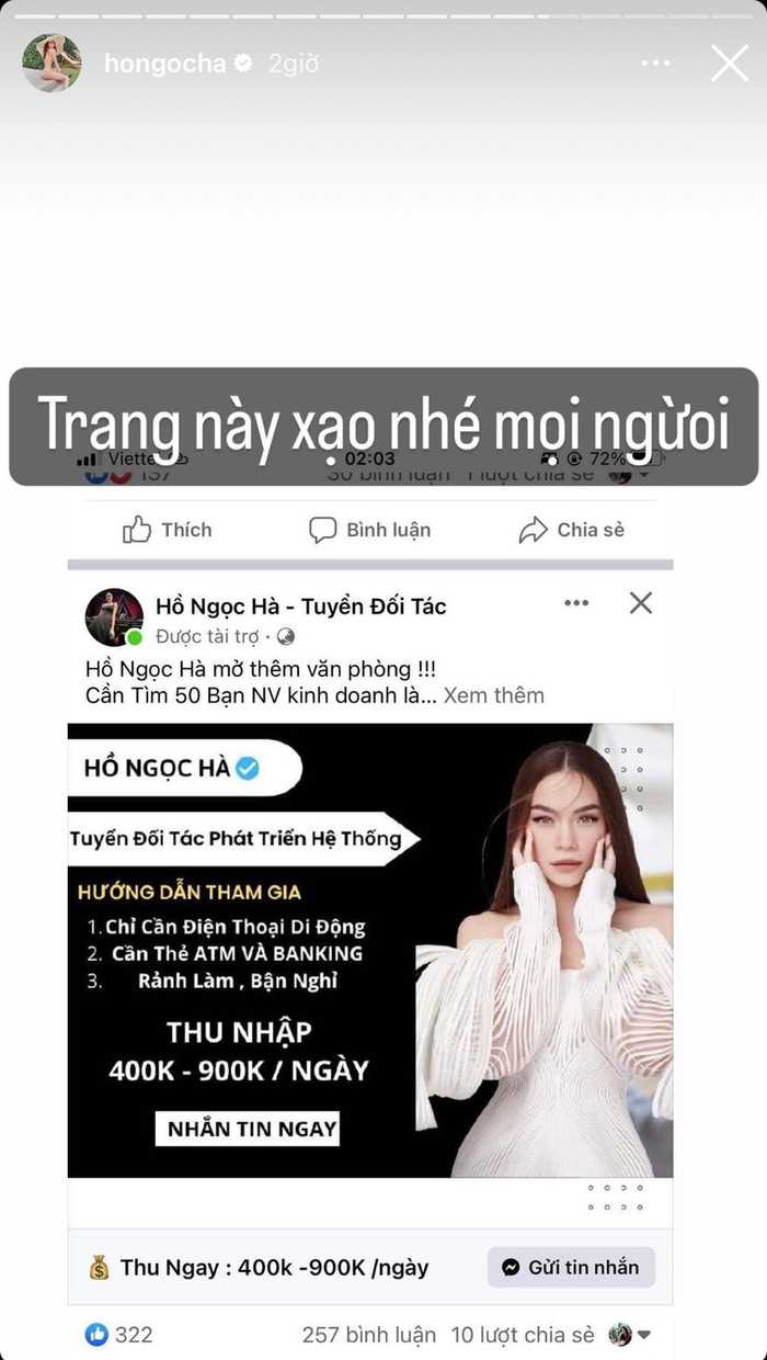 Story mới nhất của Hồ Ngọc Hà ở trên tài khoản cá nhân