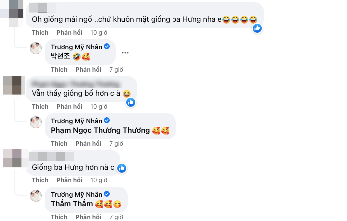 Bình luận của người hâm mộ cho rằng bé Bona giống ba Phí Ngọc Hưng nhiều hơn khiến nữ diễn viên chỉ biết cười