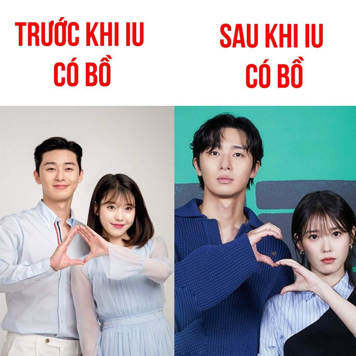 Bức ảnh đầu tiên, IU chụp với Park Seo Joon khi chưa có người yêu. Có thể thấy, người đẹp thoải mái tạo dáng, cười hết nấc. Nhưng sang đến tấm hình thứ hai, khi IU đã 'hoa đã có chủ', gương mặt của cô 'không cảm xúc'.