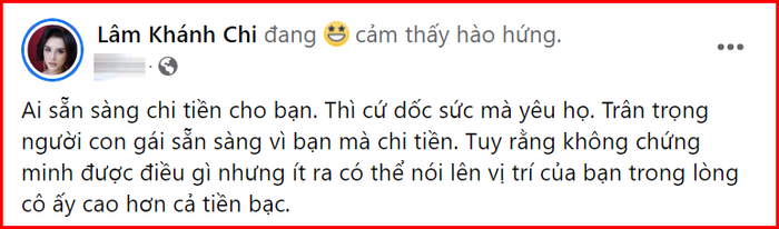 Lâm Khánh Chi nói về chuyện tình cảm, cho biết: 'Ai sẵn sàng chi tiền cho bạn thì cứ dốc sức mà yêu họ' Ảnh 2