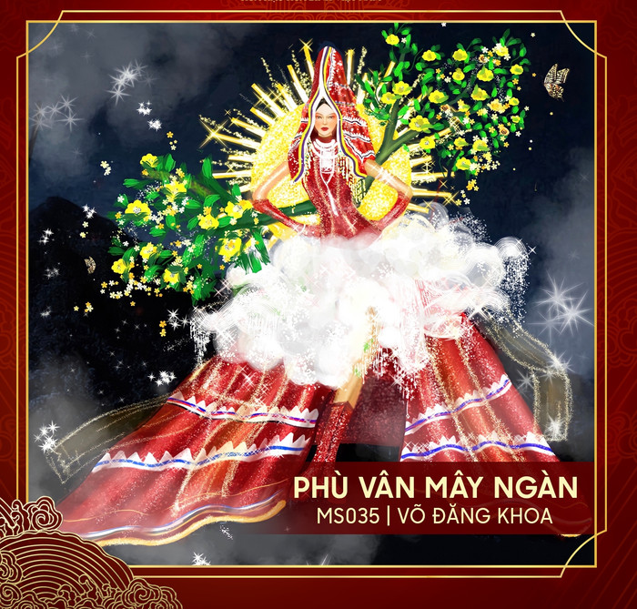 9. Phù vân mây ngàn được lấy ý tưởng từ hình ảnh và chất liệu văn hóa màu sắc của người dân tộc Dao rực rỡ, cuốn hút, cùng hình ảnh núi rừng Yên Tử sương khói mây mờ huyền ảo, mặt trời lưng chừng bên núi, sắc vàng hoa thơm của cành mai rừng.