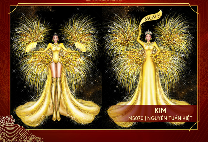 5. Với sắc vàng rực rỡ hòa cùng đó là vẽ đẹp của người phụ nữ hiện đại, tài năng và cuốn hút của một 'Miss Grand Vietnam - Hoa hậu Hòa bình Việt Nam' chuẩn 3B được lồng ghép qua thiết kế mang tên gọi Kim. 