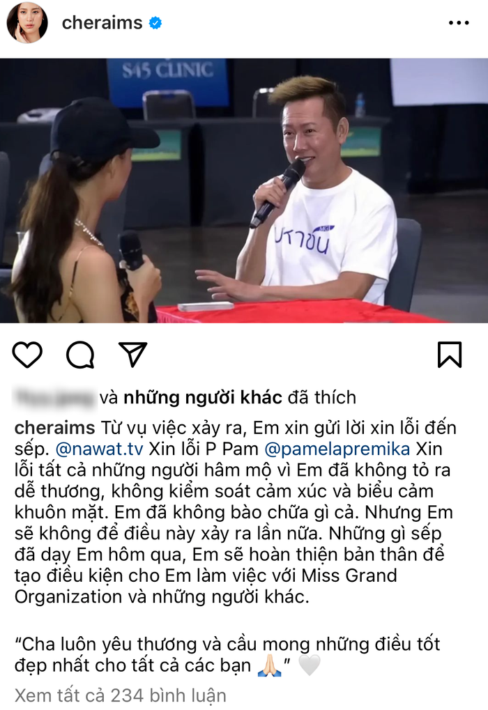 Cheraims gửi lời xin lỗi đến ông Nawat và Miss Grand Thailand 2017 vì sự việc tối ngày 24/4 