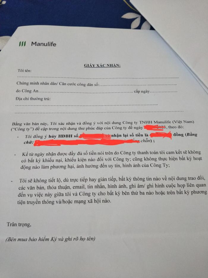 Bảo hiểm Manulife chấp nhận hoàn tiền nhưng yêu cầu khách hàng 'giữ im lặng' Ảnh 1