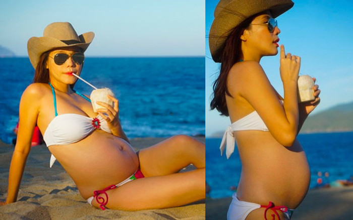 Một hot Mom khác phải kể đến là Kiwi Ngô Mai Trang, mặc dù khoe ảnh mang thai ở tháng thứ 8 nhưng làn da và vóc dáng thì không chê vào đâu được. 