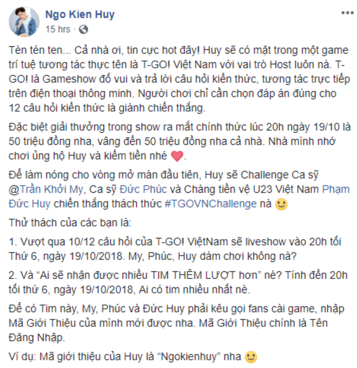 Ngô Kiến Huy 'thách thức' Khởi My, Đức Phúc và cả tiền vệ Phạm Đức Huy khiến dân mạng tò mò Ảnh 1