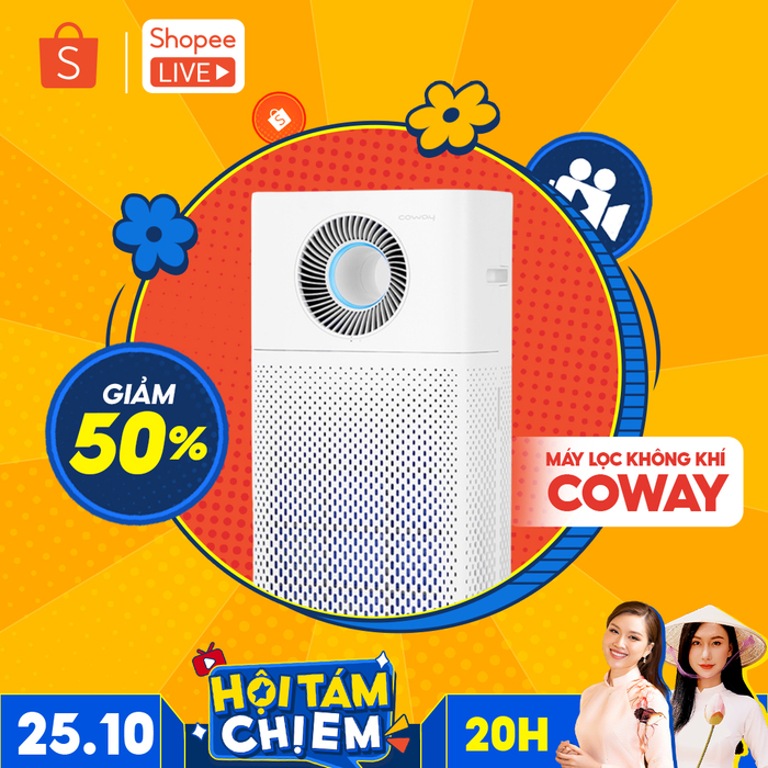 Chiếc máy lọc không khí Coway giá 17.000.000 đồng được giảm còn 7.650.000 đồng duy nhất với voucher 50% trên livestream Shopee Live