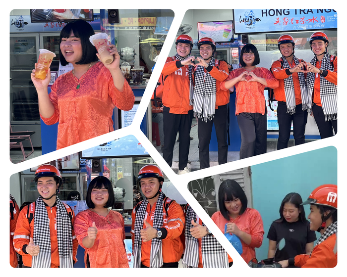 Không những vậy, Bé 7 cũng “mê đắm” trước độ nam thần của những anh shipper áo cam và sẵn tiện “xí” luôn vài ly trà sữa