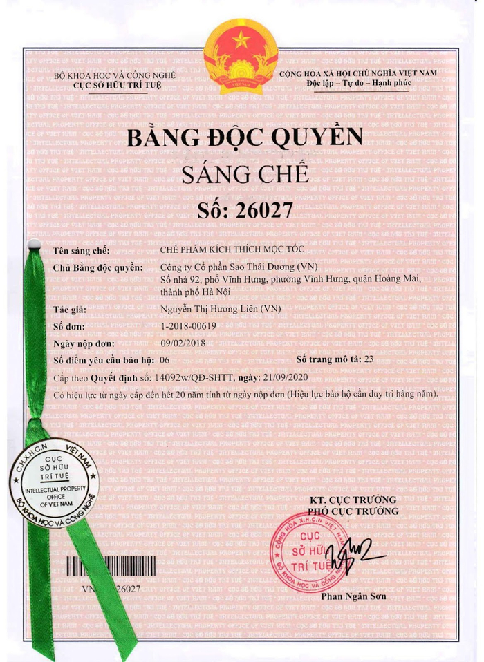 Bằng sáng chế độc quyền được cấp bởi Cục Sở Hữu Trí Tuệ Việt Nam