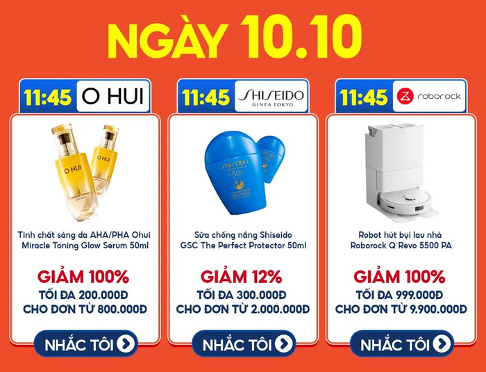 Đừng bỏ qua cơ hội rinh về voucher khủng lên đến 999.000 đồng và hàng loạt ưu đãi có '1-0-2' từ các thương hiệu OHUI, Shiseido và Roborock.