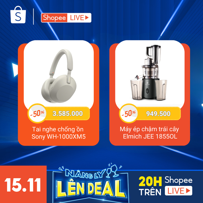 Lưungay voucher giảm 50% trên Shopee Live tối nay để chốt đơn tai nghe chống ồn Sony và máy ép chậm Elmich với giá “bẻ đôi” cực tiết kiệm.