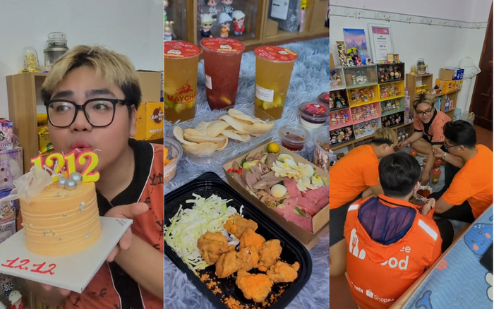 Biết tin ShopeeFood đang tung “một nùi” ưu đãi đón sinh nhật, Nuchu đặt ngay bàn ăn toàn món khoái khẩu như gà rán, trà sữa, tré trộn, mì tương đen, mua thêm bánh kem và mời cả anh shipper ShopeeFood tham gia như một cách mừng nhà Cam thêm 1 tuổi