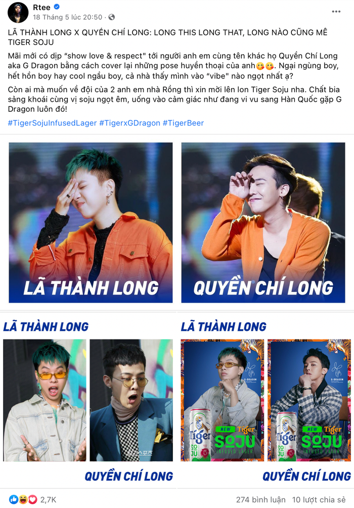 Ai cũng biết đến một RTEE siêu ngầu với “Nhà Bao Việc” hay “Chọn Bạn Mà Chơi”, nhưng ở vũ trụ song song, có một Lã Thành Long cực lầy khi sẵn sàng cosplay thần tượng. Ngoài những kiểu pose dáng thần sầu mà dân mạng đùa rằng “giống như hai giọt nước”, chàng Long đến từ Việt Nam và chàng Long từ Hàn Quốc còn có một điểm chung là đều bị Tiger Soju chinh phục 