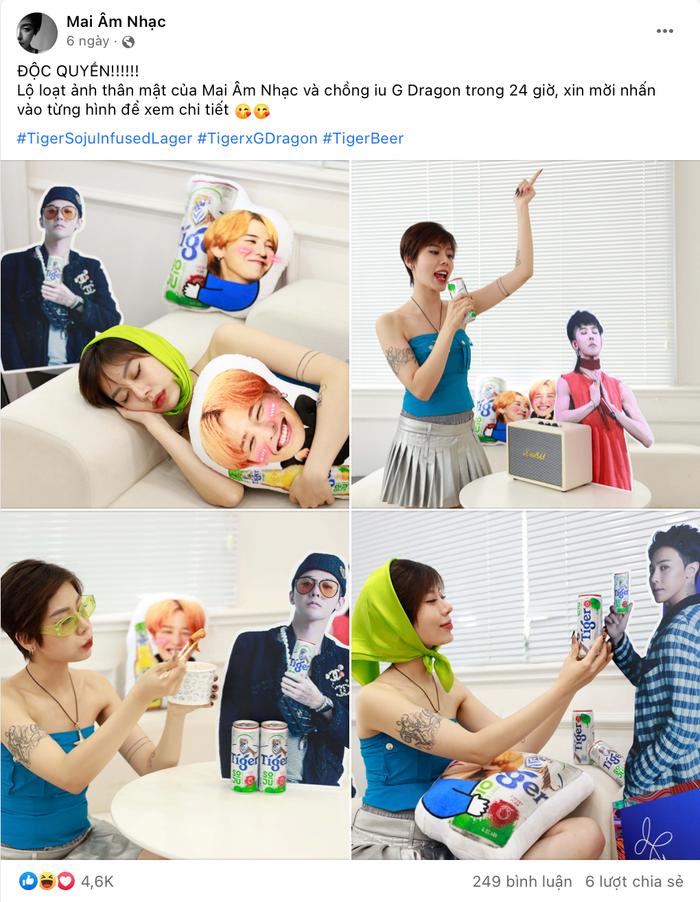 Ngay sau đó 1 ngày, “vựa muối bản gốc” của showbiz Việt - Mai Âm Nhạc cũng lên bài về Tiger Soju Infused Lager, nhưng diễn biến này lạ lắm… Nhìn sơ qua thì đúng là Mai Âm Nhạc, nhưng nhìn kĩ thì chắc chắn là một V.I.P chính hiệu, vô số hình ảnh của nam thần tượng được cô nàng “trưng bày” đầy nhà. Có G-DRAGON rồi thì không thể thiếu Tiger Soju ở bên.  