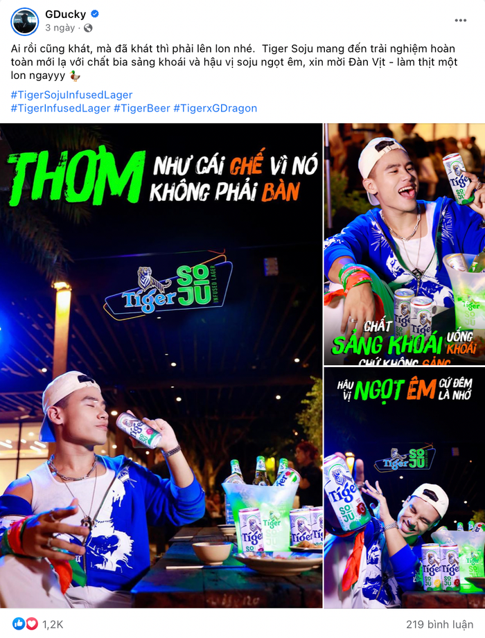 Quái vật triệu view “Tiền Nhiều Để Làm Gì” không nằm ngoài cuộc chơi khi anh em đồng môn nhập hội review, nhưng anh chàng đi theo hướng hoàn toàn khác biệt. Vịt vàng GDucky lên luôn flow cực vần với Tiger Soju khẳng định “Chất sảng khoái uống khoái chứ không sảng, hậu vị ngọt êm cứ đêm là nhớ”